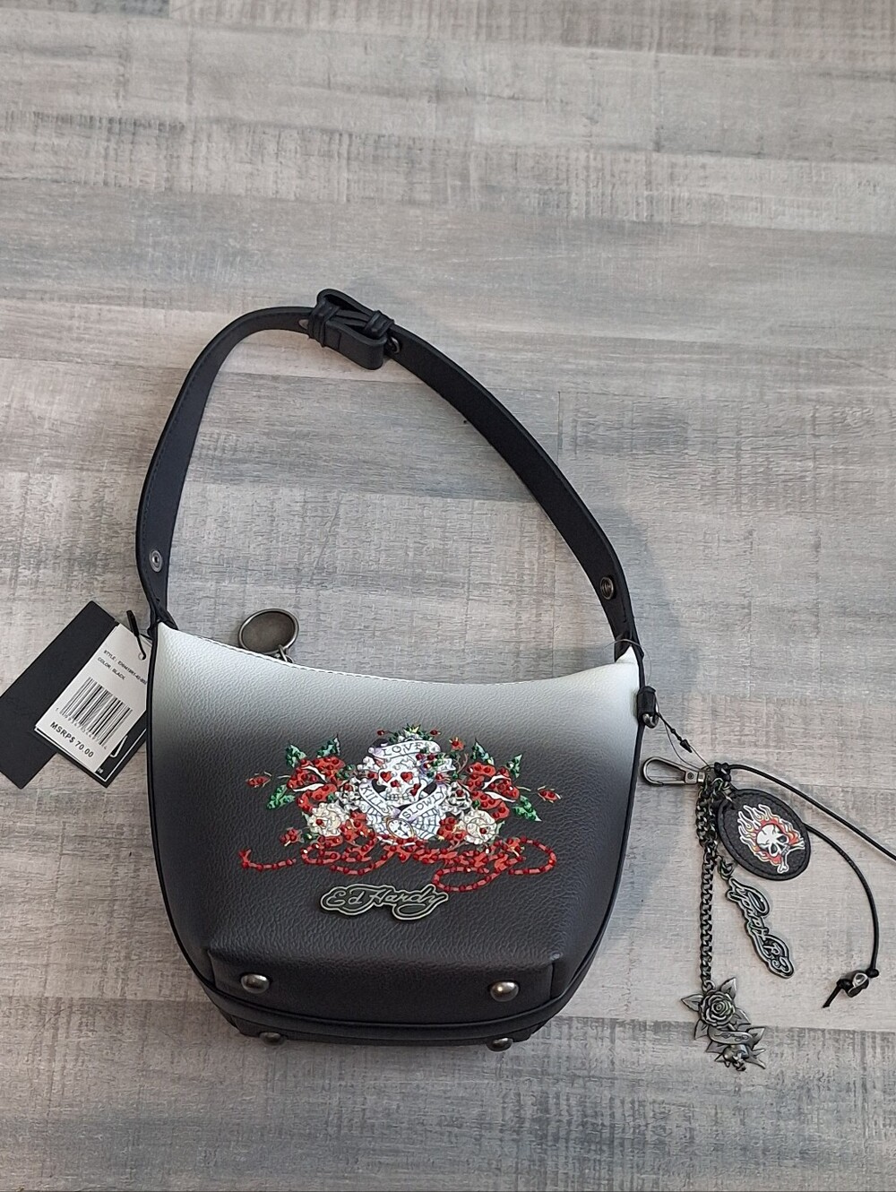 Ed Hardy Black & White Ombre Skull Rose Crossbody Bag